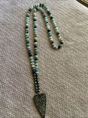 Beaded Heart Pendant Polished Stone Long Necklace